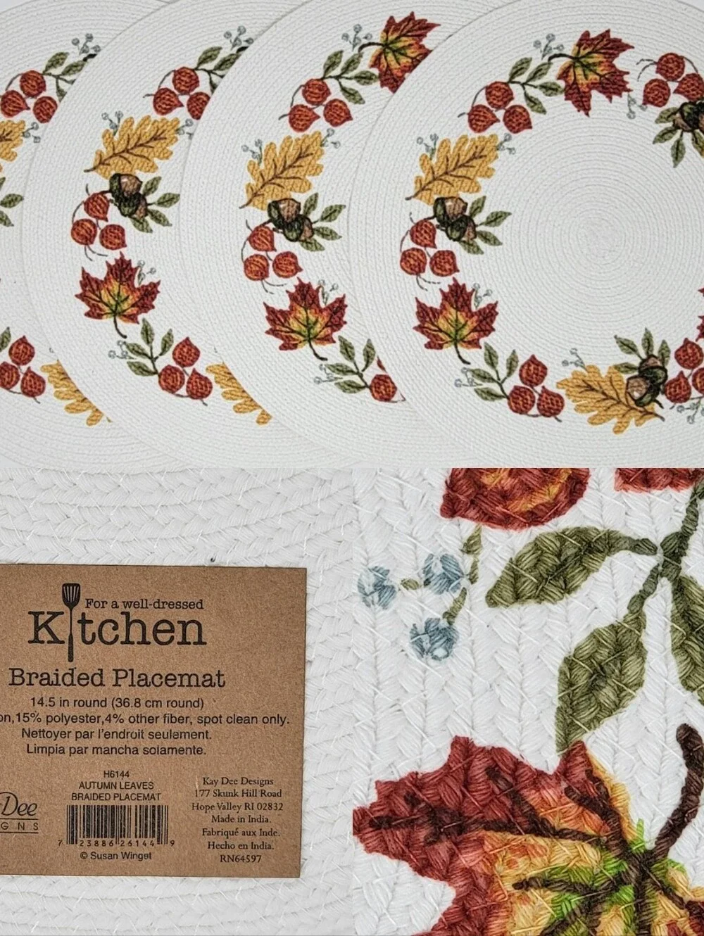 Set of 4 Kay Dee Designs Fall Autumn Leaves Braided Round Table Placemats NWT